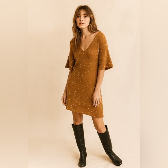 NWT Bcbgeneration Caramel Dot Ruffle Sleeve Sweater Knit Mini Dress, XS - Picture 1 of 14